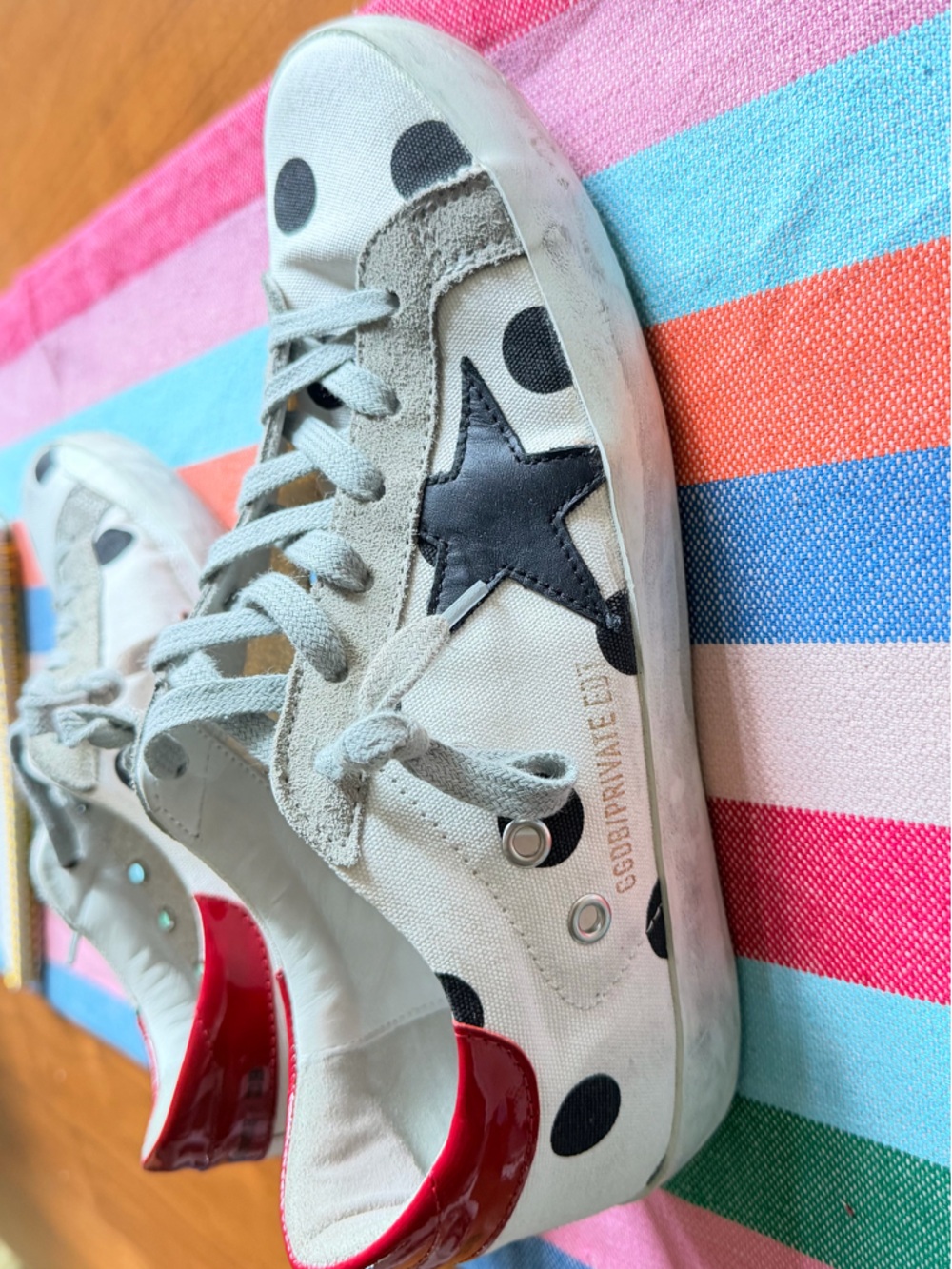 Golden Goose White Polka Dot Sneakers with Black Star and Red Heel - Picture 12 of 16